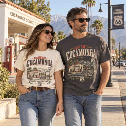 Rancho Cucamonga California Route 66 graphic tee featuring vintage roadside artwork, Foothill Boulevard, and historic travel design.