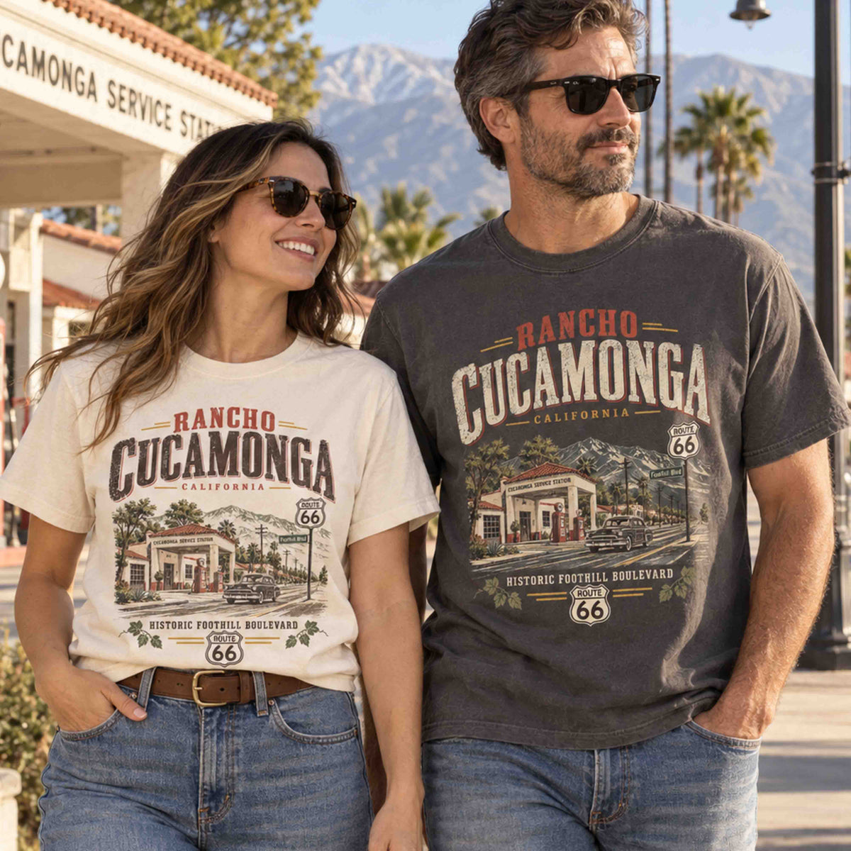 Couple wearing Rancho Cucamonga California Route 66 graphic tees featuring historic Foothill Boulevard artwork in Ivory and Pepper.