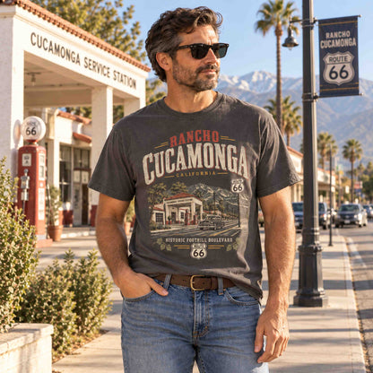 Rancho Cucamonga California Route 66 graphic tee in Ivory with vintage Cucamonga Service Station inspired artwork.