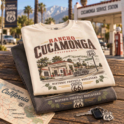Rancho Cucamonga California graphic tee close-up featuring Route 66, Foothill Boulevard, classic car, and mountain artwork.