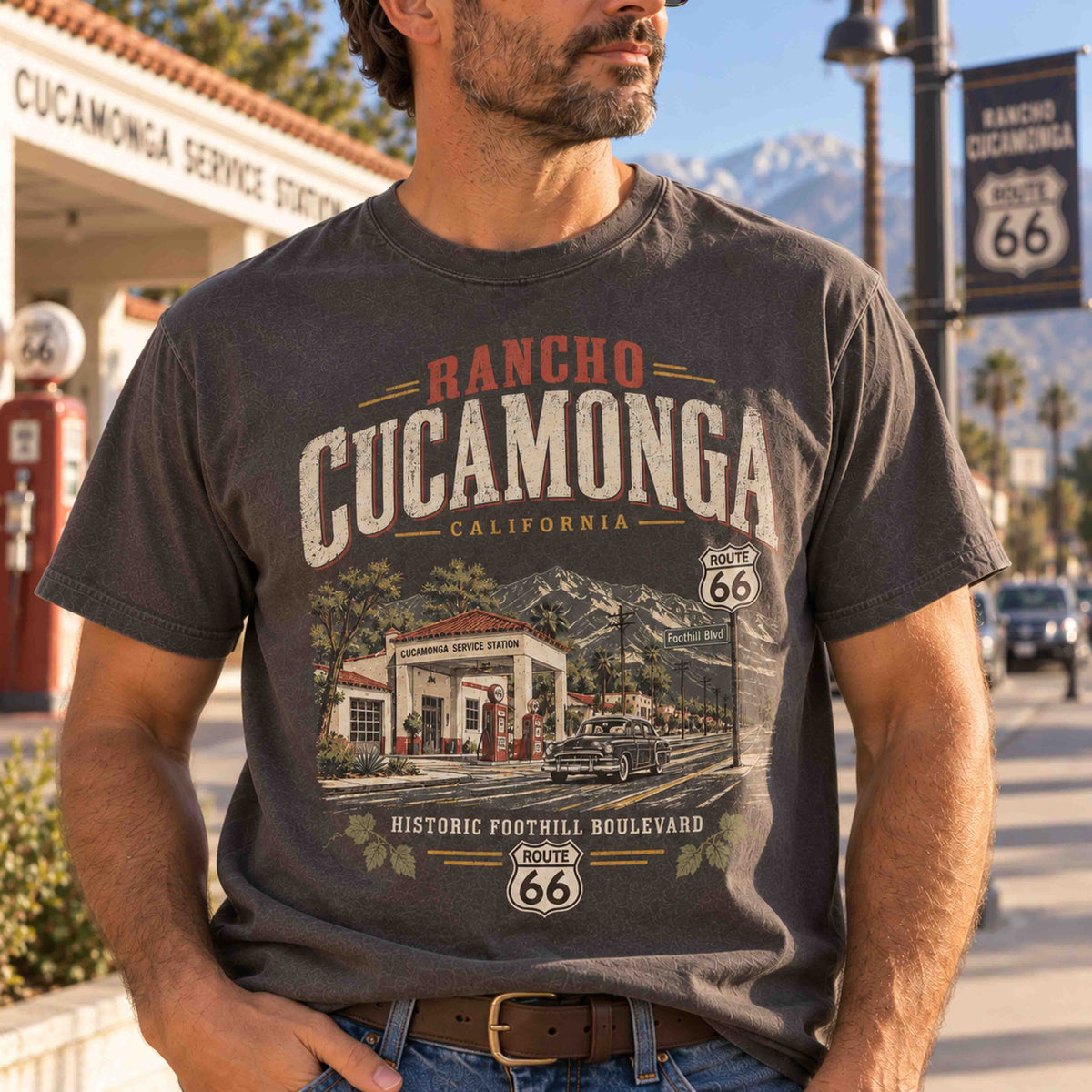 Rancho Cucamonga California Route 66 graphic tee in Pepper featuring vintage Foothill Boulevard and roadside artwork.