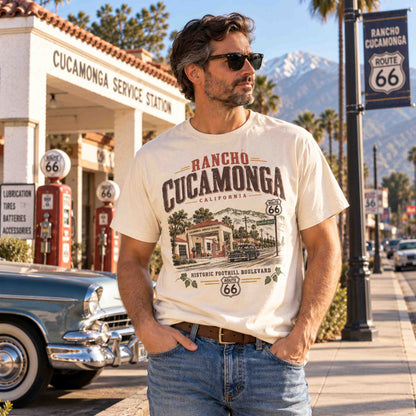 Vintage Rancho Cucamonga Route 66 travel graphic tee inspired by historic Foothill Boulevard and Southern California.