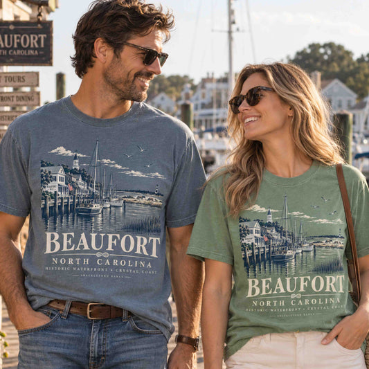 Couple wearing Beaufort North Carolina graphic tees featuring historic waterfront, sailboats and Crystal Coast scenery