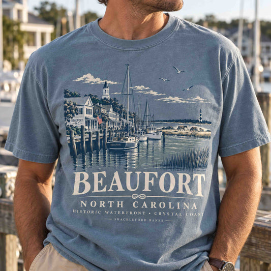 Beaufort North Carolina historic waterfront graphic tee with sailboats, coastal buildings and Crystal Coast scenery