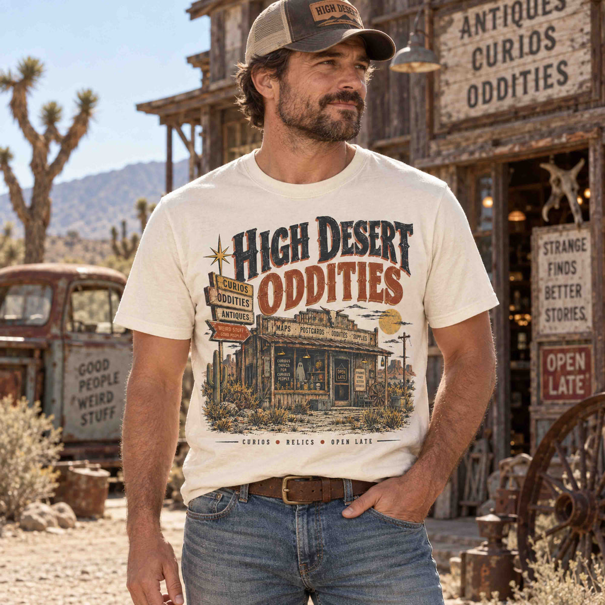 High Desert Oddities graphic tee featuring a vintage desert curios and oddities shop illustration