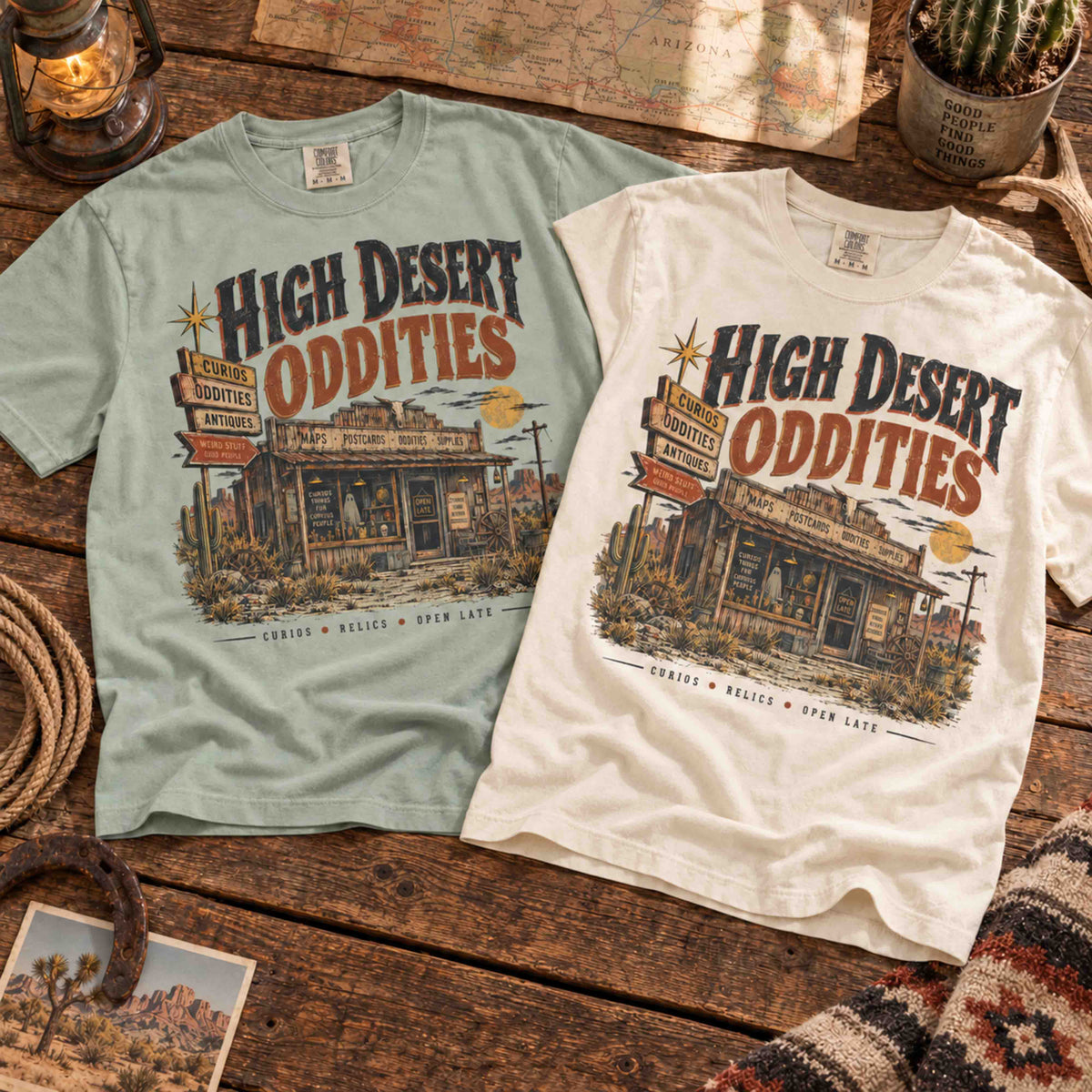 Bay High Desert Oddities graphic tee with retro desert roadside attraction artwork