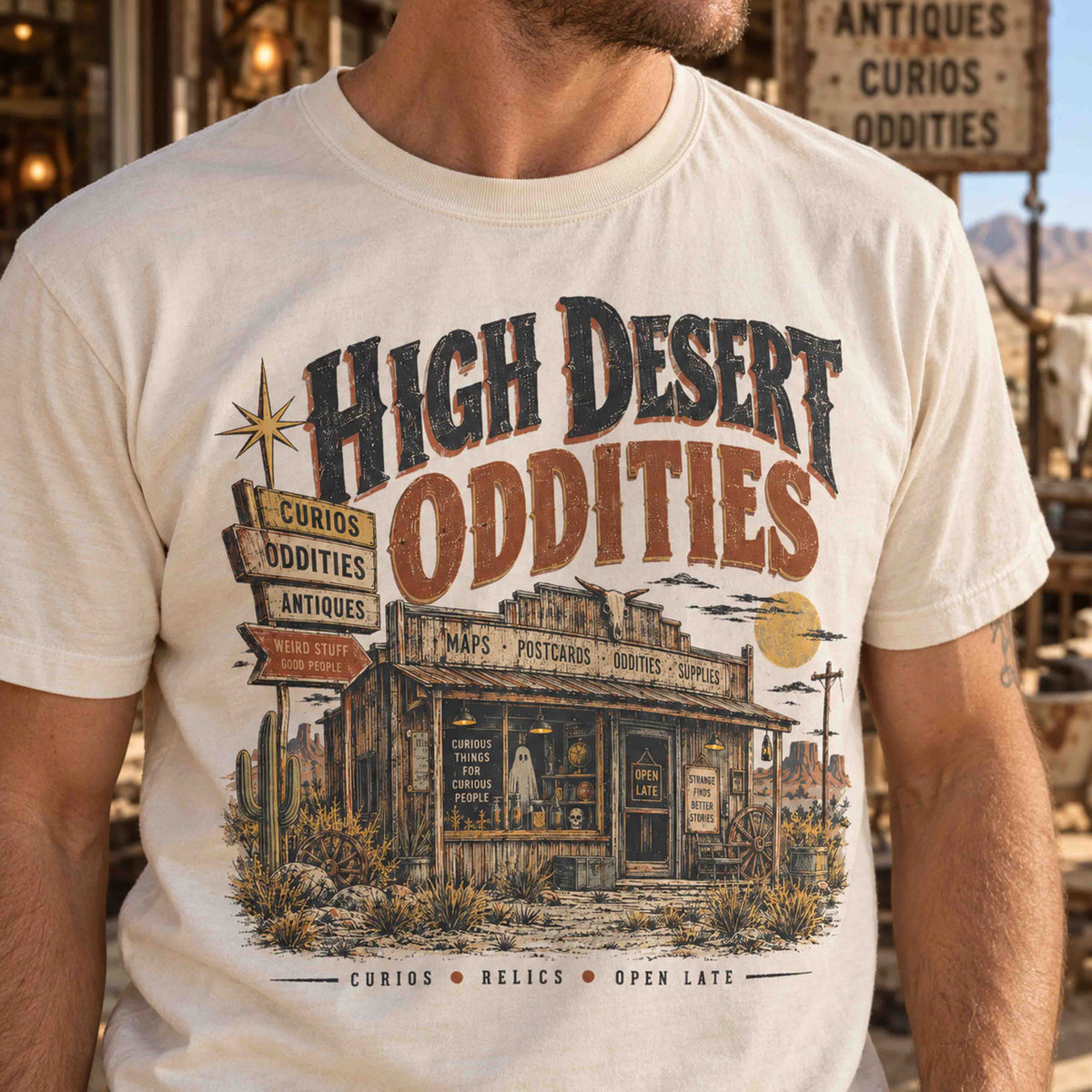 High Desert Oddities vintage roadside Americana graphic tee in a Southwestern desert setting