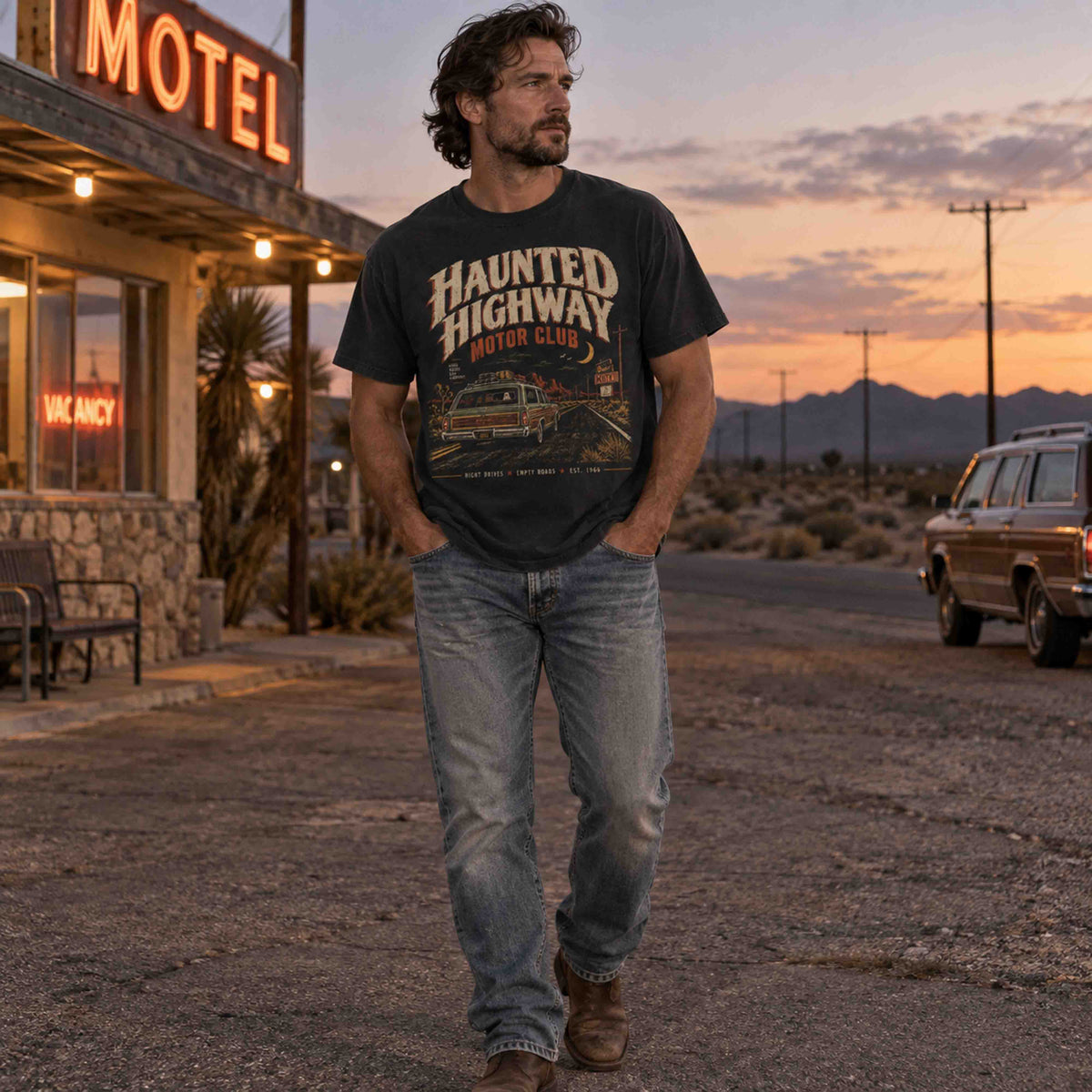 Haunted Highway Motor Club road trip graphic tee featuring a vintage station wagon and desert motel artwork