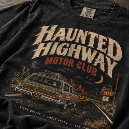 Haunted Highway Motor Club vintage graphic tee lifestyle mockup with retro desert highway artwork
