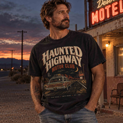 Haunted Highway Motor Club vintage road trip tee showing distressed station wagon desert highway artwork