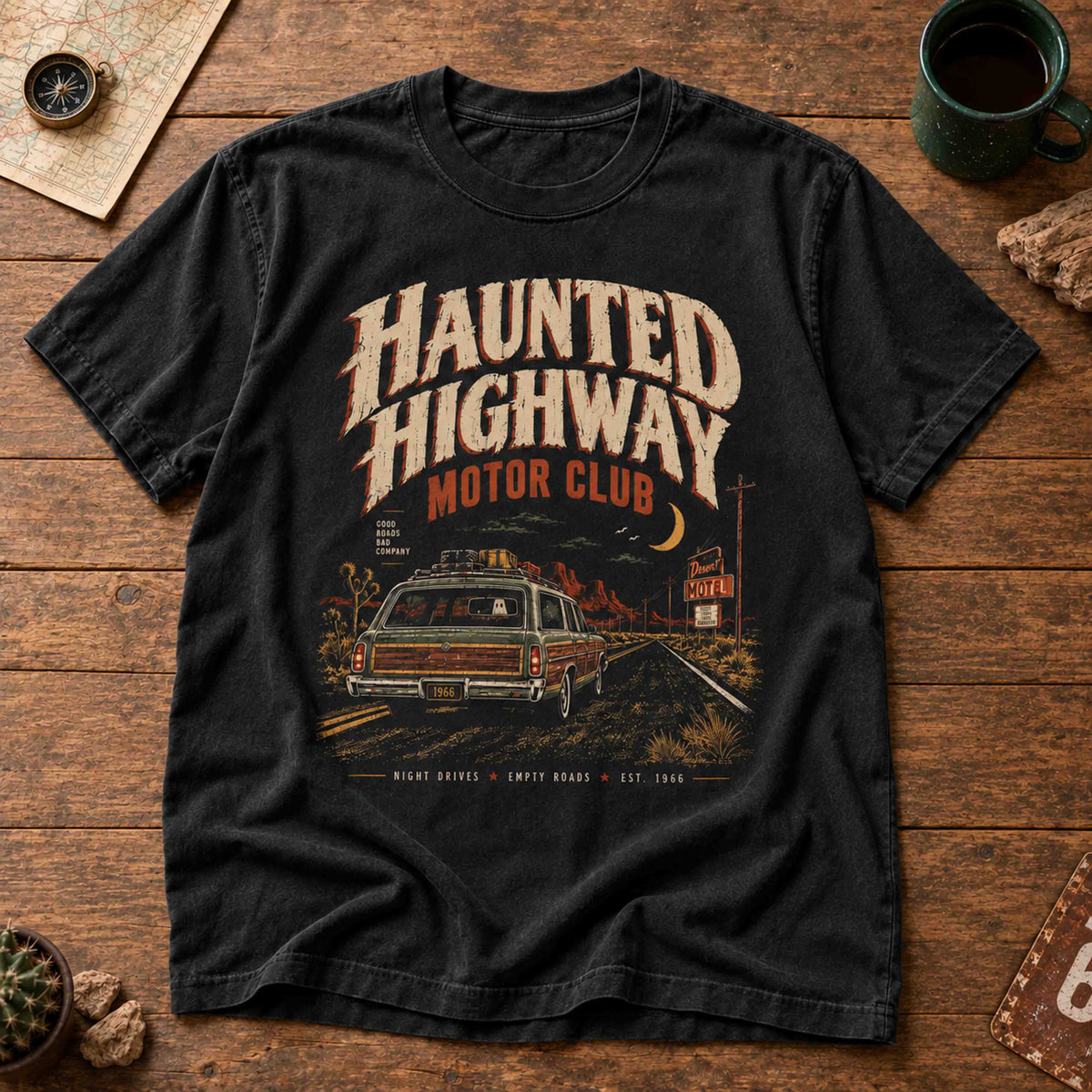 Haunted Highway Motor Club graphic tee in vintage Americana style with desert road and retro motel artwork