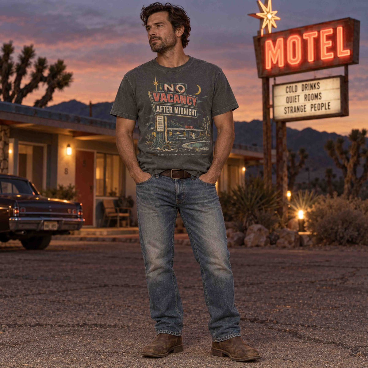 No Vacancy After Midnight graphic tee featuring a retro motel sign, crescent moon and desert roadside scene