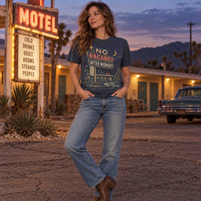 Vintage No Vacancy After Midnight motel graphic tee with distressed desert Americana artwork