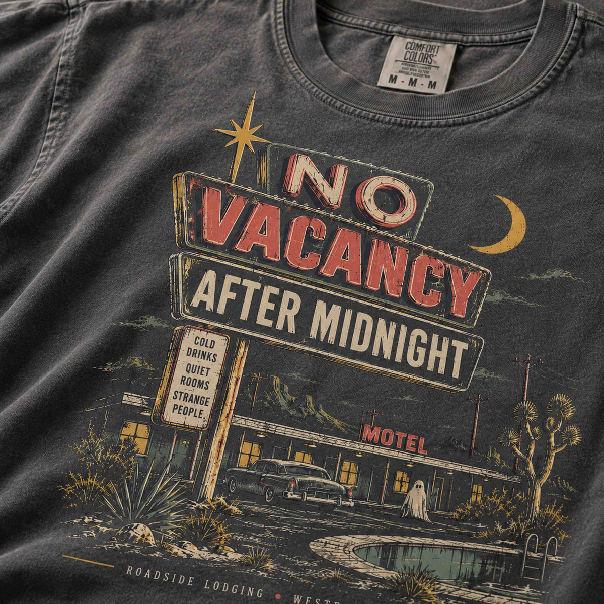 No Vacancy After Midnight vintage motel graphic tee lifestyle mockup with distressed roadside Americana artwork