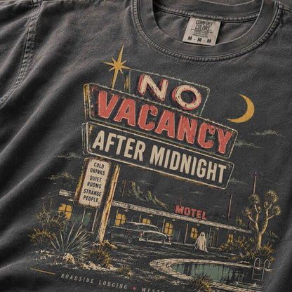 No Vacancy After Midnight vintage motel graphic tee lifestyle mockup with distressed roadside Americana artwork