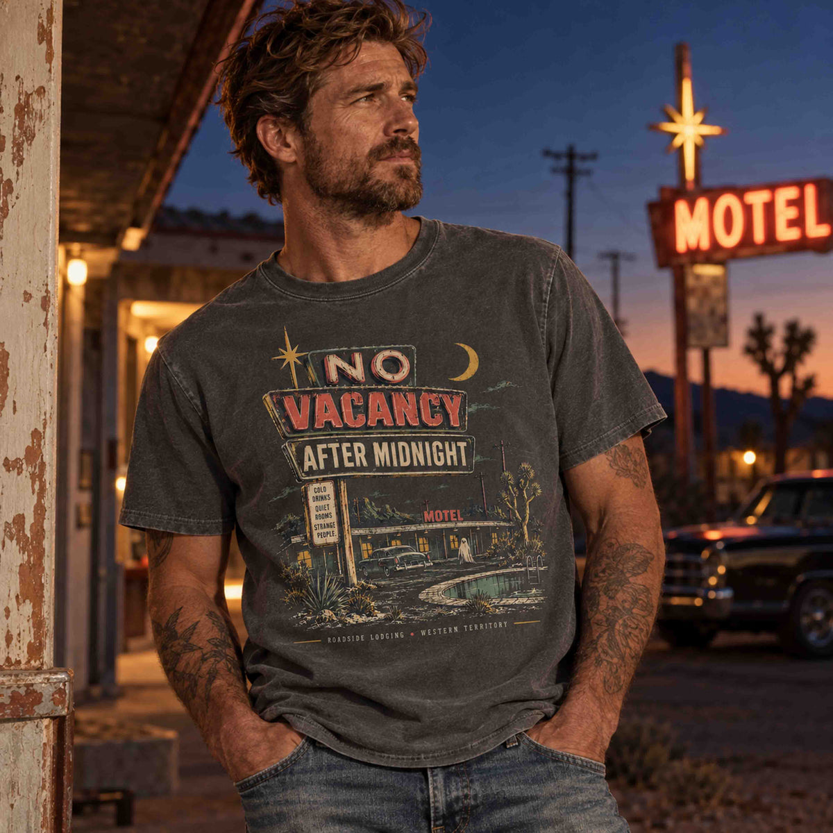 No Vacancy After Midnight road trip tee with vintage motel, classic car and desert highway artwork