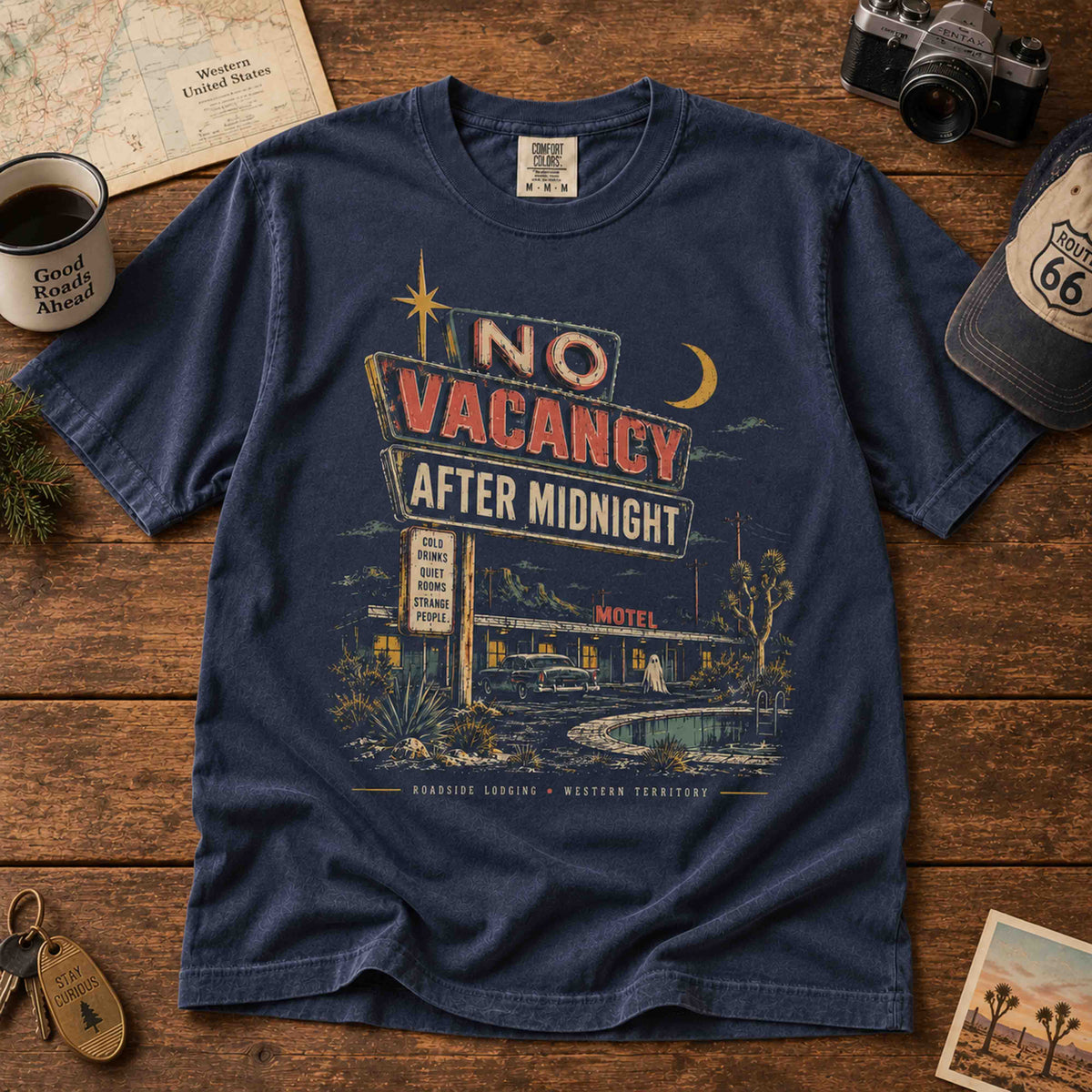 No Vacancy After Midnight vintage graphic tee featuring retro roadside motel artwork and crescent moon