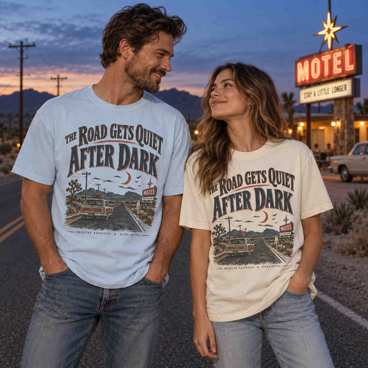 The Road Gets Quiet After Dark vintage road trip graphic T-shirt lifestyle image