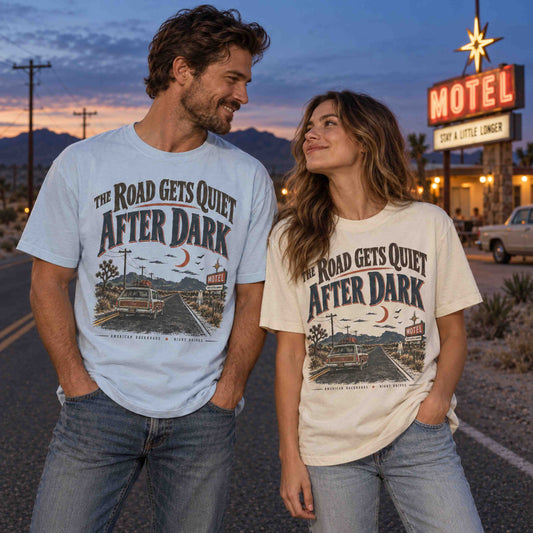 The Road Gets Quiet After Dark vintage road trip graphic T-shirt lifestyle image