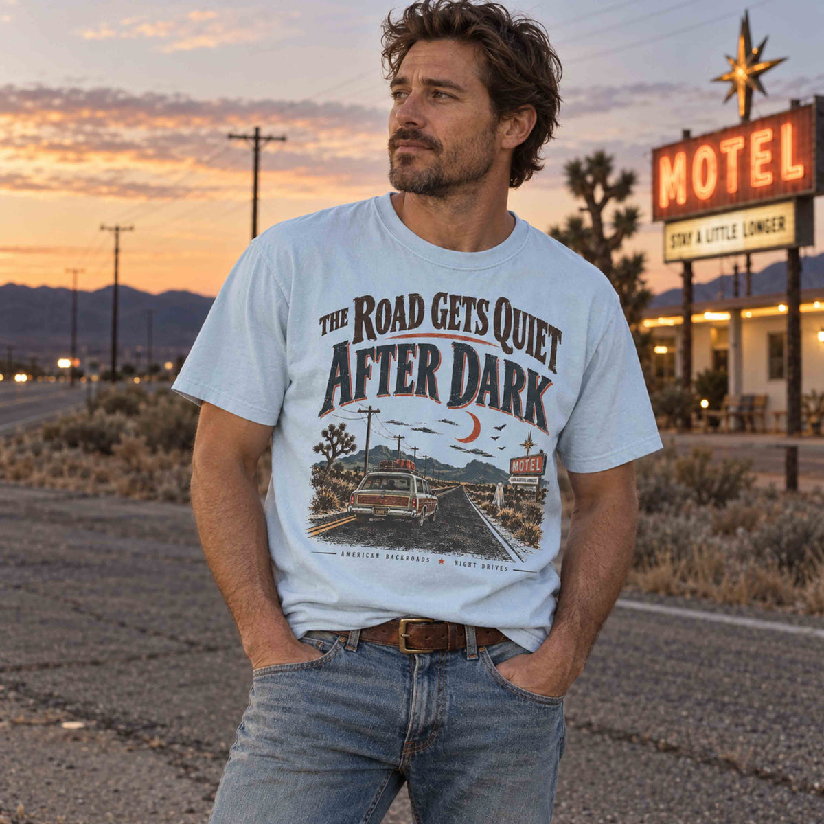 Vintage American backroads graphic tee with The Road Gets Quiet After Dark artwork