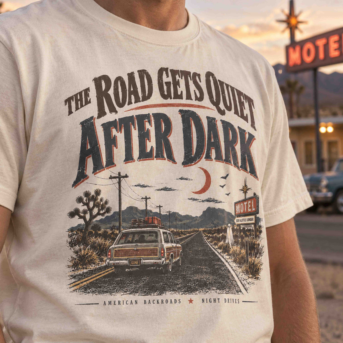 The Road Gets Quiet After Dark Americana night drive graphic T-shirt