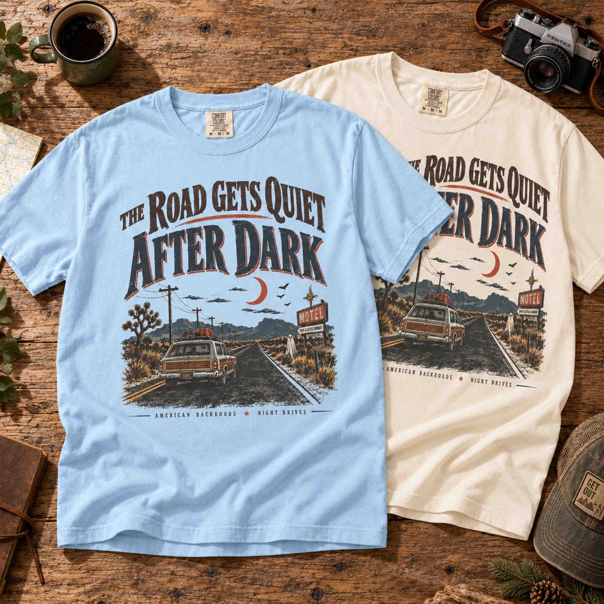 The Road Gets Quiet After Dark premium garment-dyed road trip graphic T-shirt