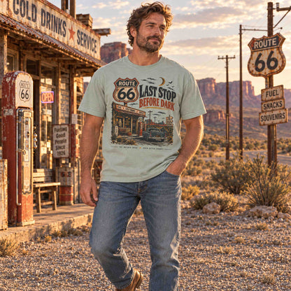 Vintage Route 66 graphic T-shirt featuring a roadside gas station and desert highway