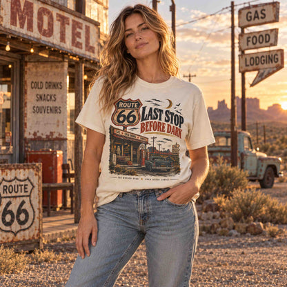 Route 66 Last Stop Before Dark premium garment-dyed graphic tee by Being is Good