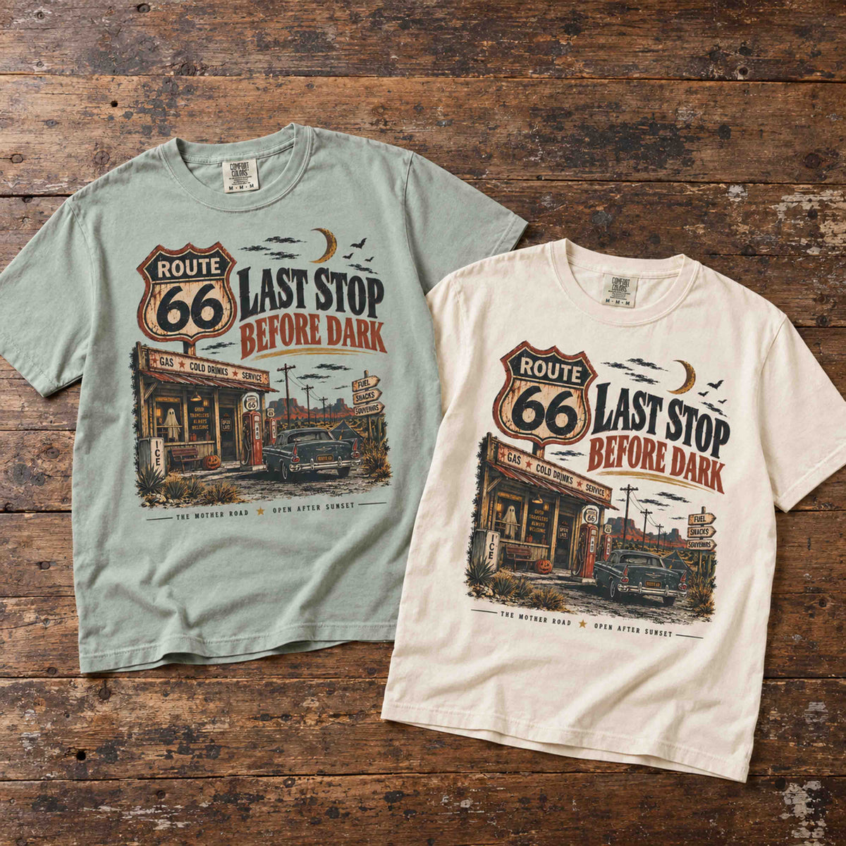 Route 66 Last Stop Before Dark road trip graphic tee with vintage gas station artwork