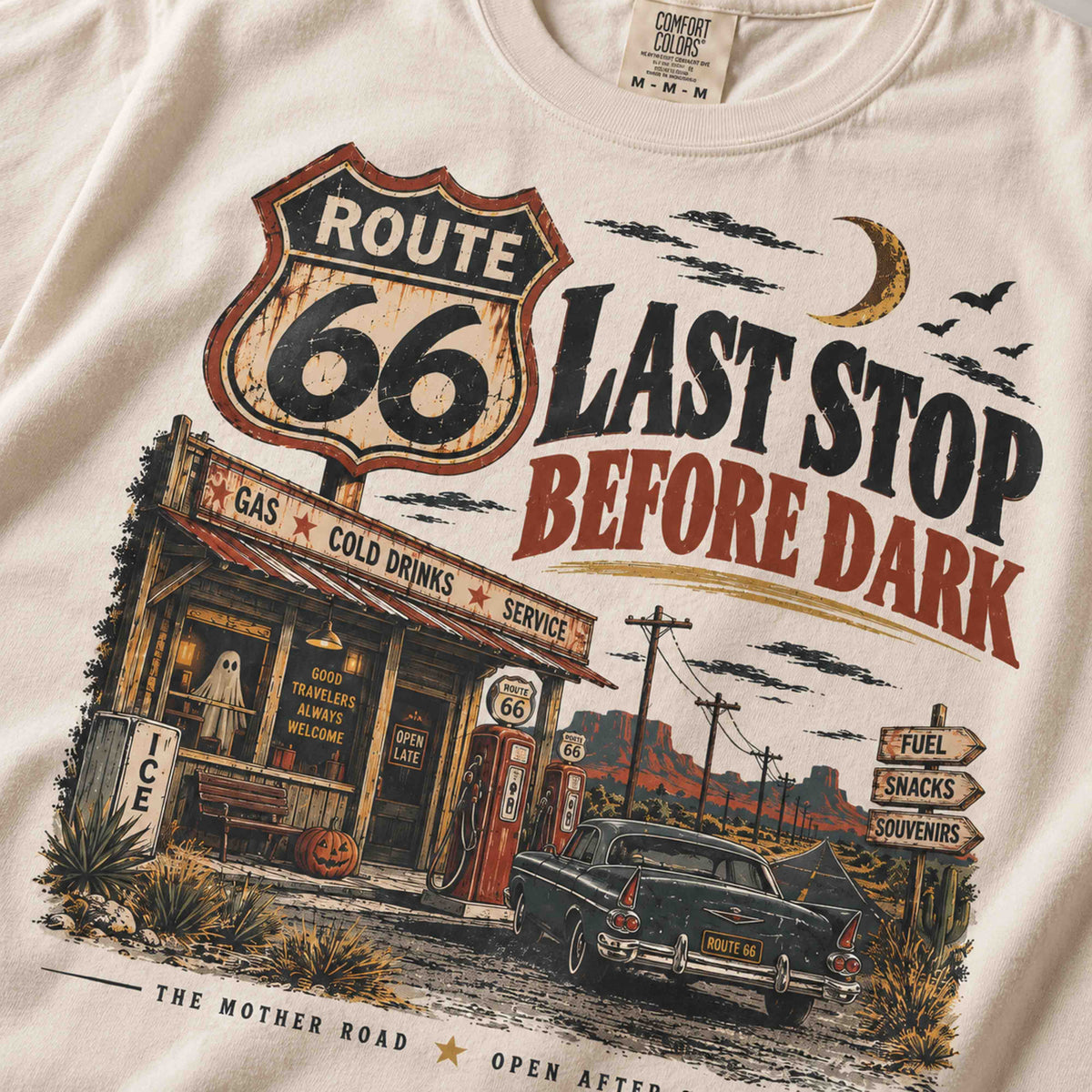 Route 66 Last Stop Before Dark vintage Americana graphic T-shirt lifestyle image