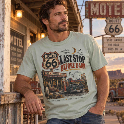 Route 66 road trip T-shirt with Last Stop Before Dark vintage Americana artwork