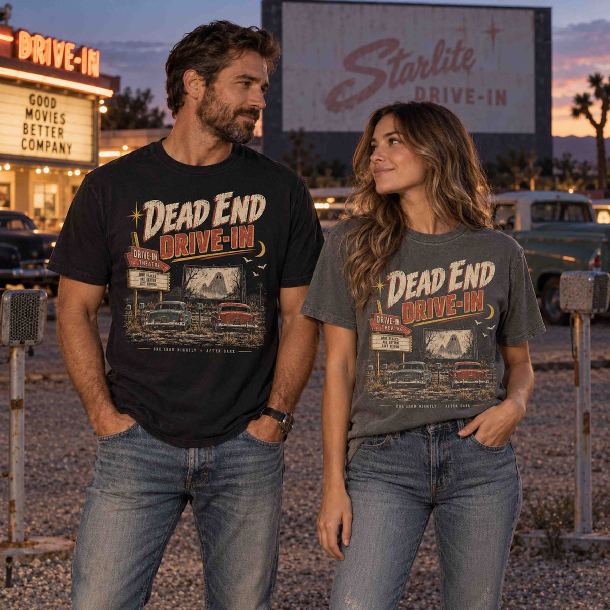 Black and Pepper Dead End Drive-In vintage haunted Americana graphic tees with distressed artwork