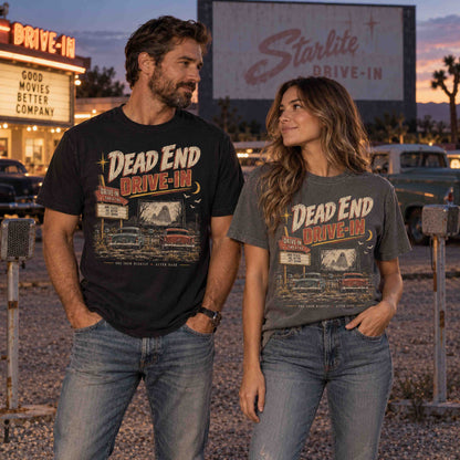 Black and Pepper Dead End Drive-In vintage haunted Americana graphic tees with distressed artwork