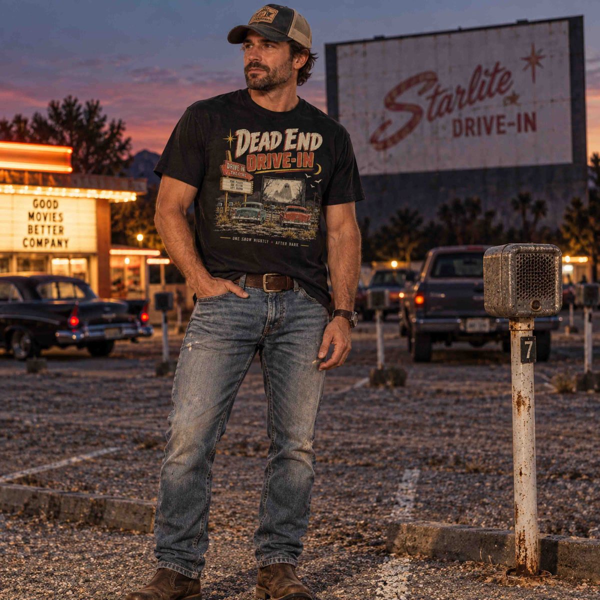 Dead End Drive-In vintage haunted Americana graphic tee with retro drive-in theater artwork