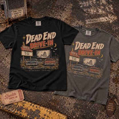 Vintage Dead End Drive-In haunted Americana graphic tee shown in a retro roadside setting