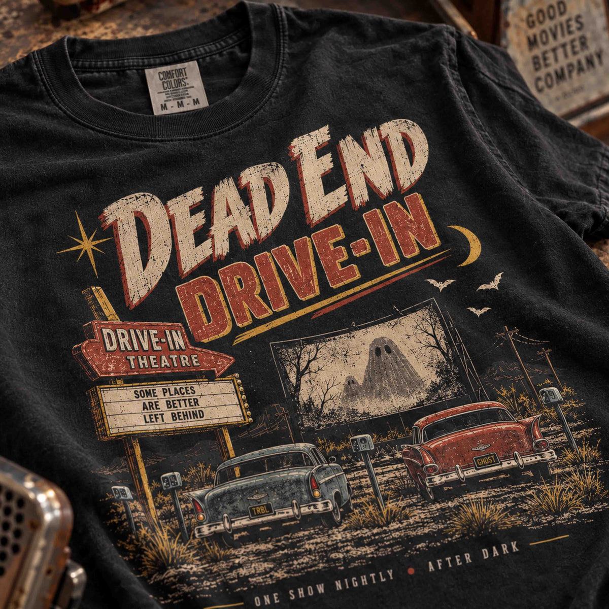 Dead End Drive-In vintage haunted Americana graphic tee lifestyle mockup at an old drive-in theater