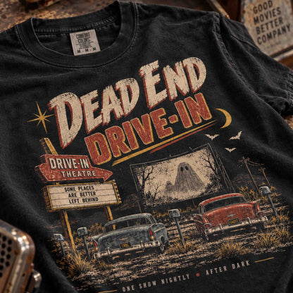 Dead End Drive-In vintage haunted Americana graphic tee lifestyle mockup at an old drive-in theater