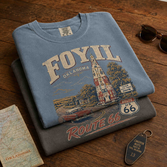 Back view of Foyil Oklahoma Route 66 graphic tee with vintage Totem Pole Park artwork