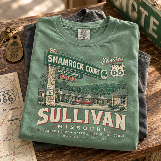 Sullivan Missouri Route 66 Shamrock Court graphic tee featuring vintage motor court artwork.