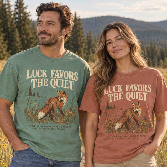 Man and woman wearing Luck Favors the Quiet fox wildlife graphic tees in Light Green and Yam in a mountain meadow.