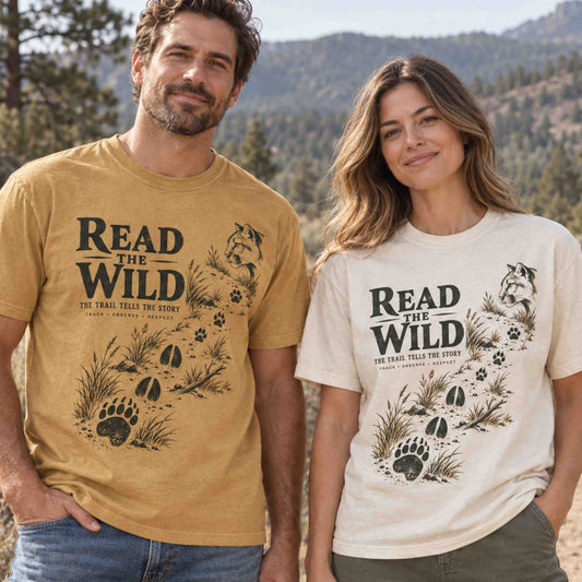 Read the Wild wildlife tracking graphic tee featuring a mountain lion, animal tracks, trail grasses, and vintage outdoor field guide artwork.
