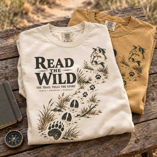 Read the Wild wildlife tracking graphic tee featuring a mountain lion, animal tracks, trail grasses, and vintage outdoor field guide artwork.