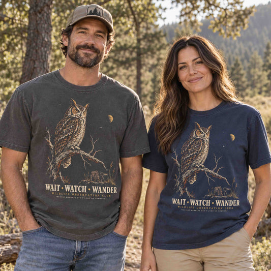 Wait Watch Wander Owl Wildlife Observation graphic tee lifestyle photo featuring Pepper and Navy shirts with vintage owl artwork.