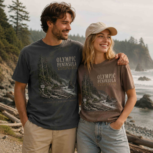 Olympic Peninsula Washington Comfort Colors T-shirts in Pepper and Espresso