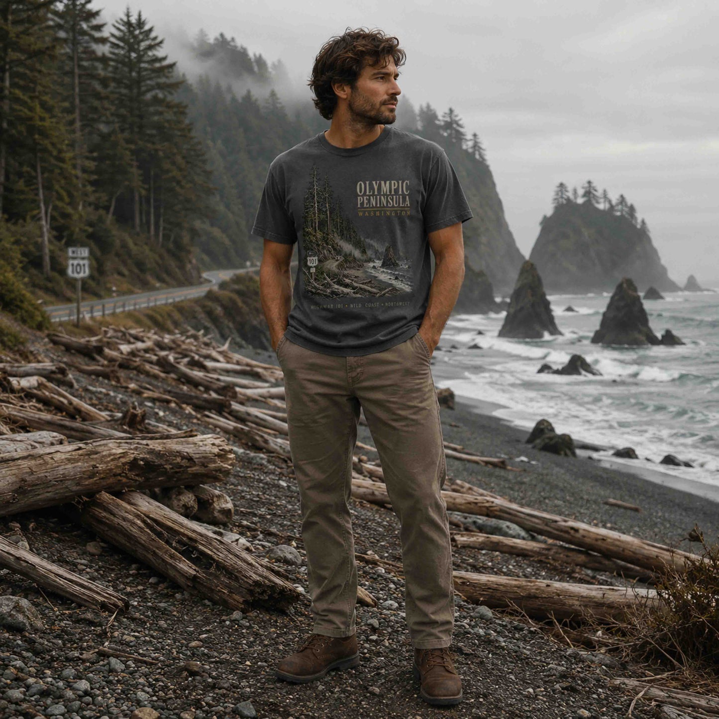 Olympic Peninsula Washington graphic tee lifestyle photo
