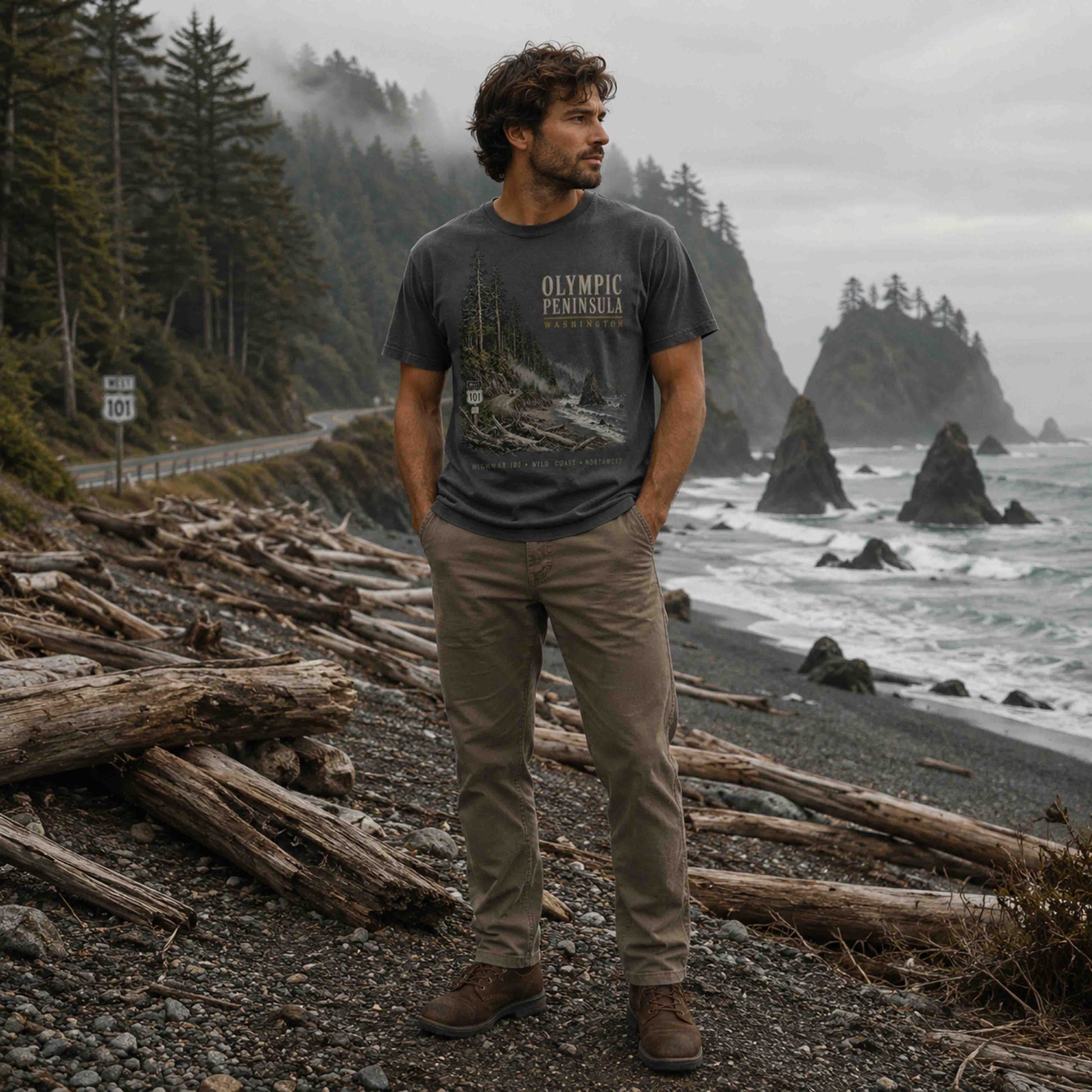 Olympic Peninsula Washington graphic tee lifestyle photo