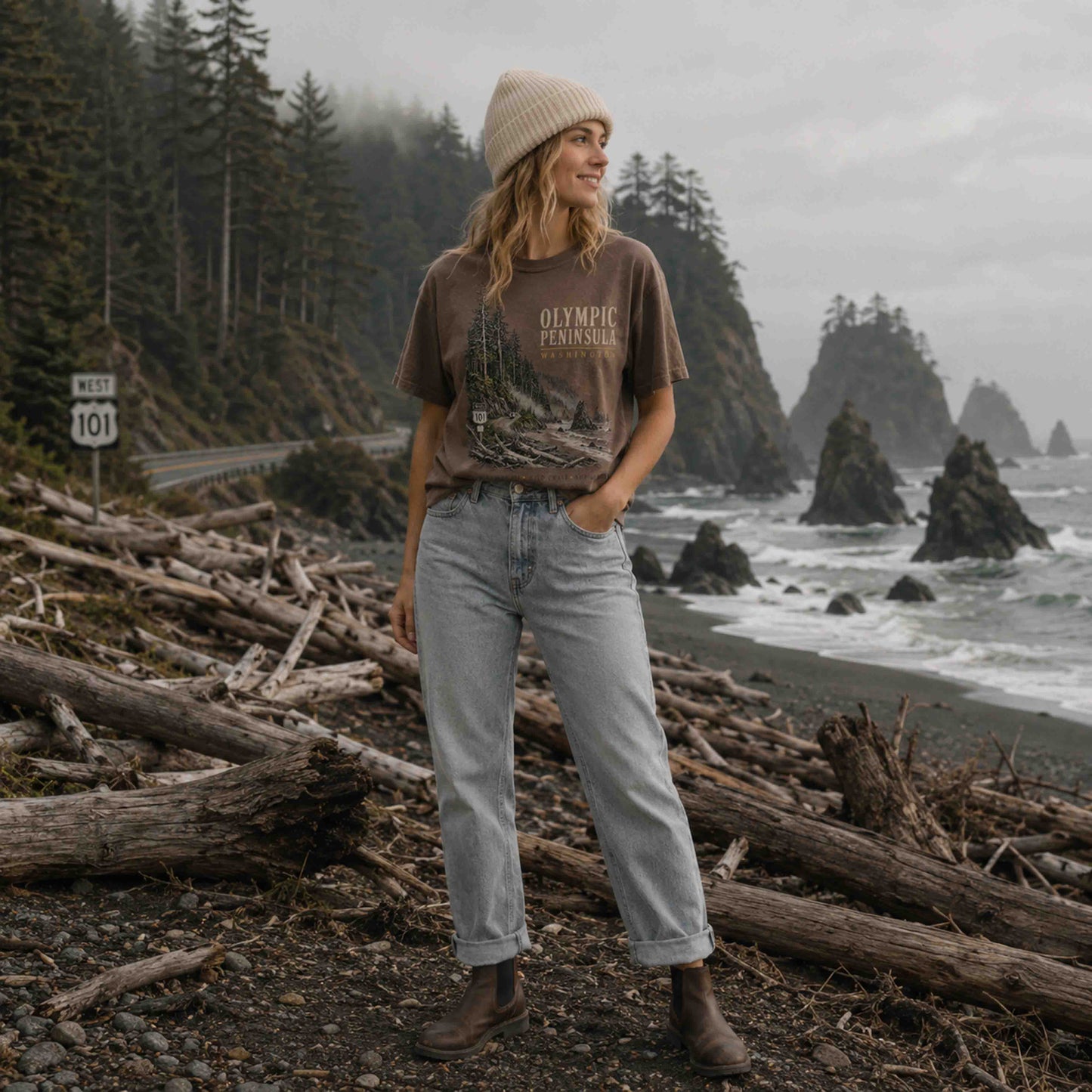 Olympic Peninsula Washington coastal graphic T-shirt lifestyle photo