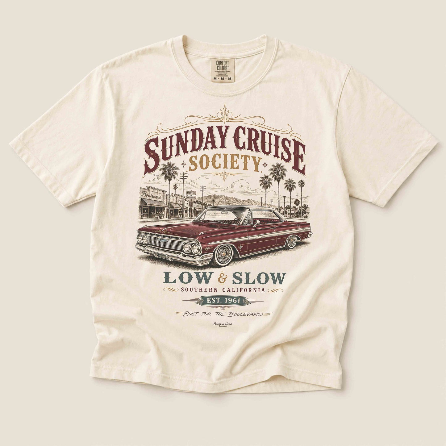 Ivory Comfort Colors T-shirt featuring Sunday Cruise Society vintage lowrider artwork