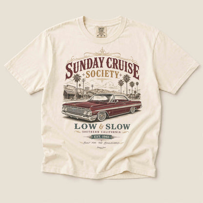 Ivory Comfort Colors T-shirt featuring Sunday Cruise Society vintage lowrider artwork