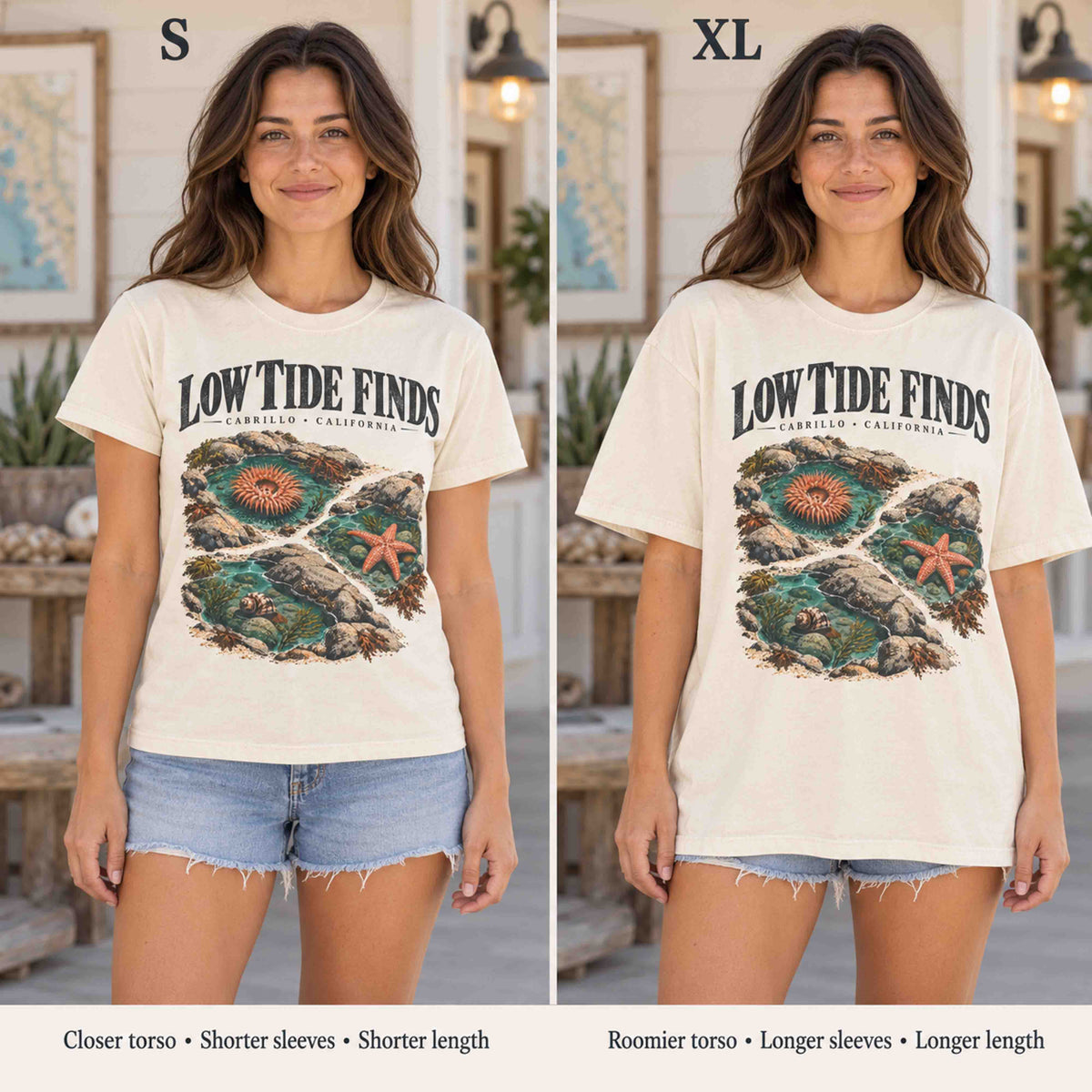 Side-by-side mockup comparing S and XL fits of the Ivory Low Tide Finds tee on the same woman.